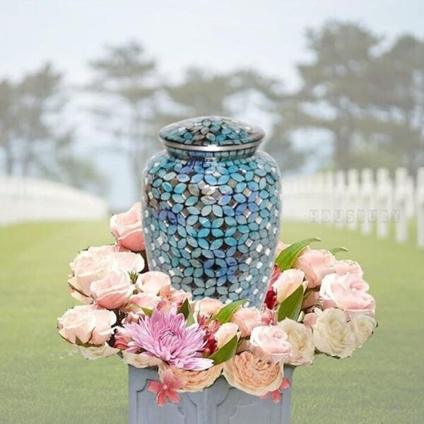 Mosaic Glass Cremation Urn - Hand Made Funeral Urn for - Large Adult Size - one of a kind work of art - 200 cu in with Velvat bag