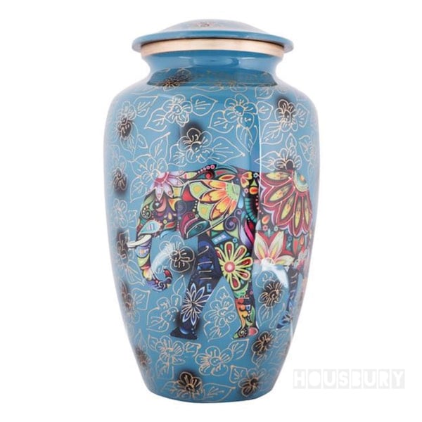 Elephant Funeral Cremation Urn - Hand Painted Made in Aluminum - Large Adult Size - one of a kind work of art - 200 cu in