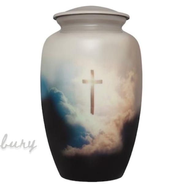 Funeral Cremation Urn - Cross in Sky Cremation Urn - Hand Made in Aluminum - Large Adult Size - one of a kind work of art - 200 cu in