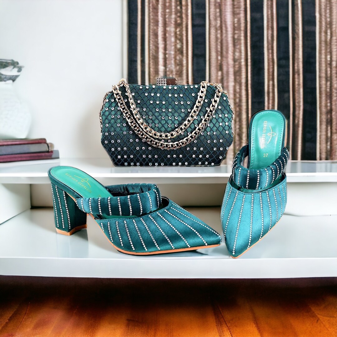 Teal Green Heels and Bag Set Comfortable High Heels for Party Etsy