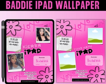 May include: Pink iPad wallpaper with a to-do list, a reminder that says "Be a bad bitch", and a quote by Stephen King. The wallpaper features a black and white flower design and the text "KIEARA IPAD" in black and white.