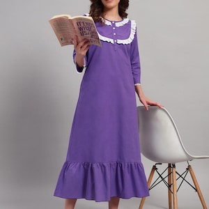 Women Cotton Nightgown Victorian style Solid Purple Color Sleepwear with lace trim
