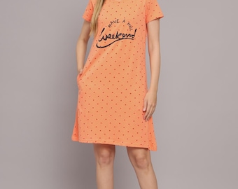 Coral Heart Lounge Dress – Cotton‑Jersey Sleep Tee with Pocket Women Nightdress | Comfy Sleepshirt