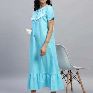 Sky Blue Cotton Nightgown with White Lace Collar – Soft Vintage-Inspired Women's Sleepwear