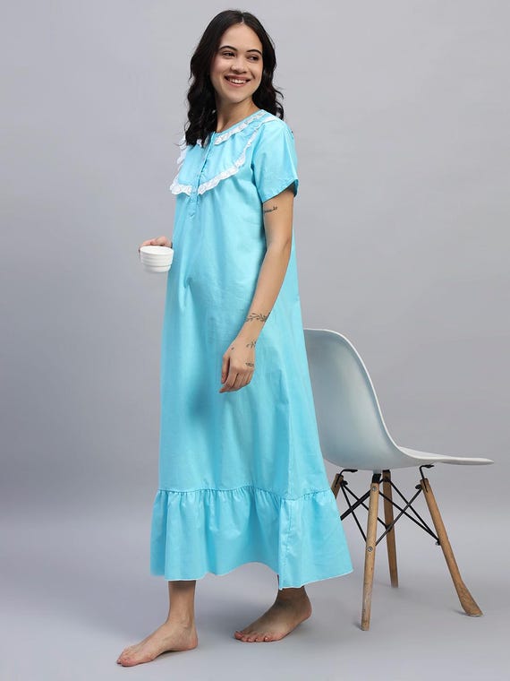 sephaninightwears Sky Blue Cotton Nightgown with White Lace Collar - Soft Vintage-Inspired Women's Sleepwear