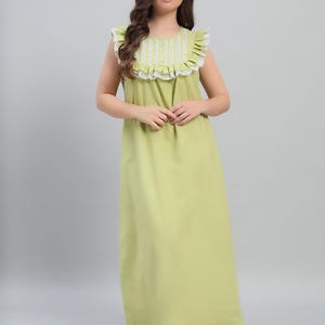 Green Cotton Nightgown for Women | Sleeveless Ruffled Night Dress | Full-Length Soft House Dress | Vintage Lace Trim Sleepwear |Loungewear