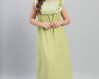 Green Cotton Nightgown | Vintage Lace Trim Ruffled Sleeveless Dress