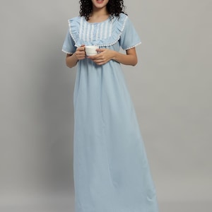 Sky Blue Cotton Nightgown for Women | Vintage Ruffle & Lace Trim Night Dress | Long Sleepwear House Dress | Full-Length Loungewear