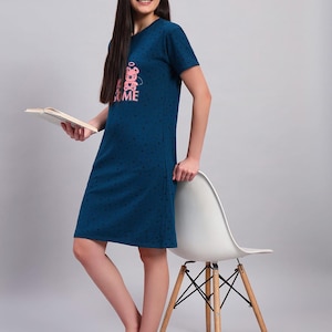 Teal Blue Lounge Dress Printed with Adorable Teddy Bear Women Nightdress Comfy Sleepwear