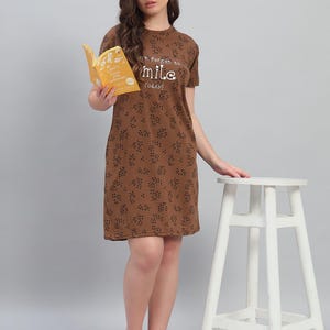 Brown Cotton Nightdress for Women | Short Sleeve T-Shirt Sleep Dress | Floral Printed Lounge Dress | Comfy Sleepwear | Soft Cotton Nightie