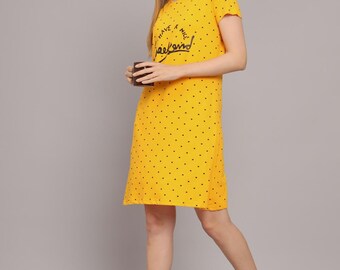Mustard Yellow Polka‑Dot Lounge Dress – Cotton Jersey Sleep Tee, nightdress For Women