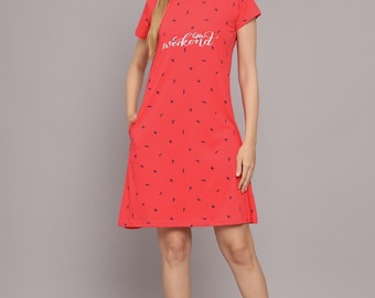 Red Lightning Print Lounge Dress: Cotton Jersey Tee Nightgown