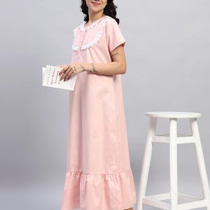 Blush Pink Cotton Nightgown with White Lace Collar Vintage-Inspired Sleepwear for Women