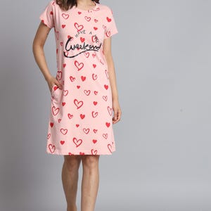 Pink Heart Lounge Dress: Cotton Sleep Tee with Pockets