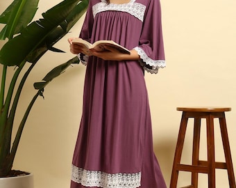 Camisón largo de algodón con ribete de encaje morado • Vestido para dormir/estar en casa cómodo y elegante