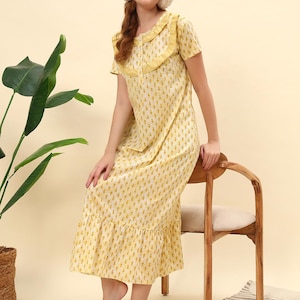 Soft Yellow Cotton Victorian Nightgown | Vintage Floral Print Sleep Dress | Short Sleeve Ruffle Hem Loungewear for Women