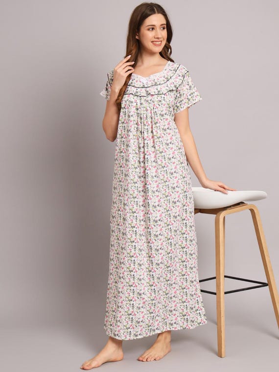 Floral Cotton Nightgown - Women's Long Night Dress | Soft, Breathable & Comfortable Sleepwear