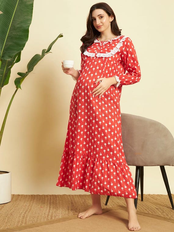 Floral Maternity Nursing Nightgown -- Button-Front, Pockets, Short Sleeves -- Lightweight Flowy | Feeding Nightdress For Women