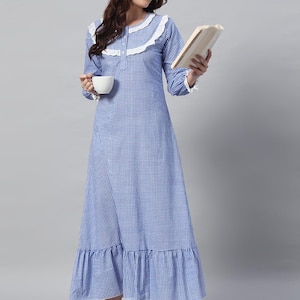 Vintage Style Victorian Nightgown for Women – Long Sleeve Cotton Sleepwear with Lace Trim – Cottage core Victorian Loungewear Dress