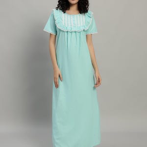 Mint Green Cotton Nightgown for Women | Ruffle & Lace Trim Long Sleep Dress | Short Sleeve Victorian Nightie | Loungewear House Dress