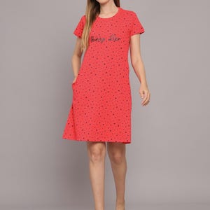 Coral Red Polka‑Dot Lounge Dress – Cotton‑Jersey Tee‑Dress |Women Sleepdress |Sleepshirt