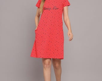 Coral Red Polka‑Dot Lounge Dress – Cotton‑Jersey Tee‑Dress |Women Sleepdress |Sleepshirt