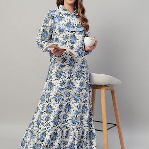Blue Floral Cotton Nightgown for Women Victorian Collar with Ruffle Yoke Full Length Soft Sleepwear by Sephani