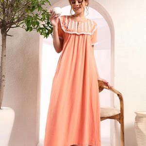 Peach Cotton Nightgown for Women – Elegant Lace Trim Long Nightdress | Cozy & Breathable Sleepwear