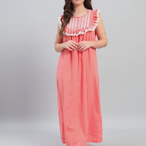 Coral Cotton Nightgown for Women | Ruffled Sleeveless Night Dress | Vintage Style Lace Trim Loungewear | Soft Full-Length House Dress