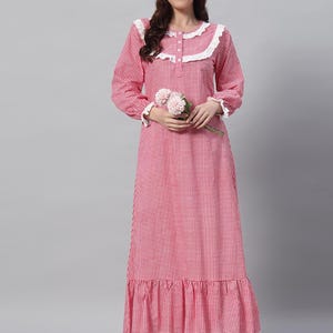 Vintage-Inspired Cotton Nightgown – Victorian Style with Lace Collar & Ruffle Hem | Comfortable Sleepwear Nightdress for Women