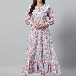 Orange Floral Cotton Nightgown Victorian Style Loungewear Dress with Lace Full Length Long Sleeve Cotton Sleepwear