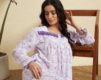 Camisón de algodón floral para mujer: vestido de dormir largo, camisón victoriano,