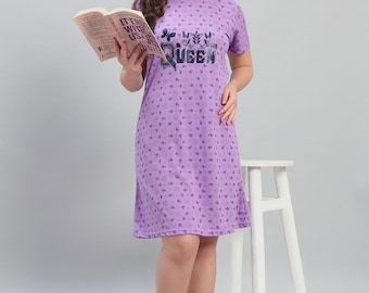 Purple Cotton Nightdress: Floral T-Shirt Nightie with 'Queen' Graphic