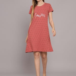 Dusty Rose Polka Dot Lounge Dress: Cotton Jersey Sleepdress with Pocket