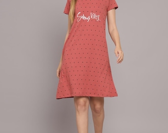 Dusty Rose Polka Dot Lounge Dress: Cotton Jersey Sleepdress with Pocket