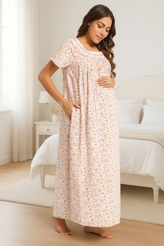 Floral Maternity Nursing Nightgown -- Button-Front, Pockets, Short Sleeves -- Lightweight Flowy | Feeding Nightdress For Women Floral Maternity Nursing Nightgown -- Button-Front, Pockets, Short Sleeves -- Lightweight Flowy | Feeding Nightdress For Women