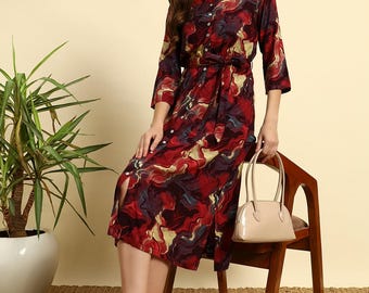 Künstlerischer Marmor Print Midi Kleid: Burgundy Gold Abstrakt, Taille mit Gürtel