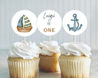 Editable Sailboat Cupcake Toppers, Printable, Any Age, Modern, Instant Download