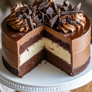 Op de afbeelding: Een chocoladetaart met een stuk verwijderd, waar een witte crèmevulling te zien is. De taart is bedekt met chocolade glazuur en gegarneerd met chocoladeschilfers en toefjes chocoladecrème. Hij staat op een witte taartstandaard.