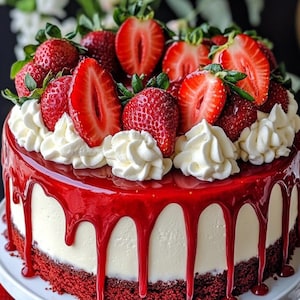 Red Velvet Strawberry Cheesecake Recipe | Layered Cake with Glaze Drip | Elegant Dessert | PDF Digital Download | Holiday Baking