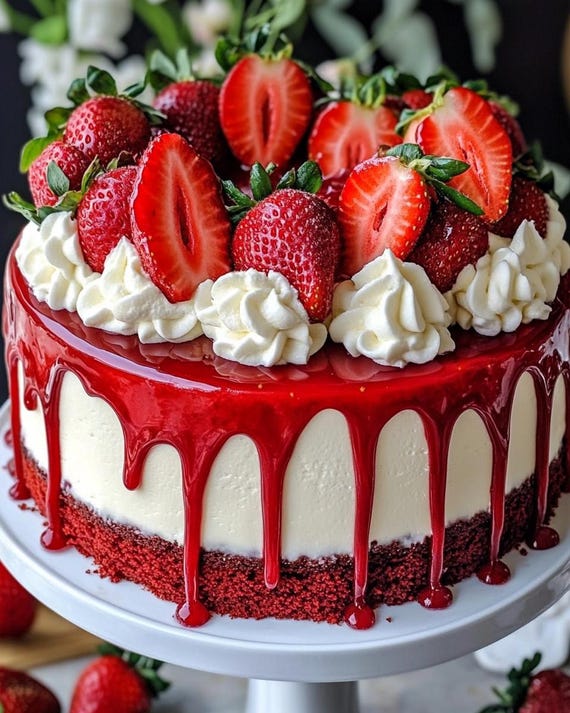 Red Velvet Strawberry Cheesecake Recipe: Layered Cake with Glaze (PDF Digital Download)