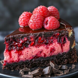 May include: A slice of chocolate raspberry cheesecake topped with fresh raspberries and drizzled with chocolate ganache. The cheesecake is on a black plate with chocolate shavings.