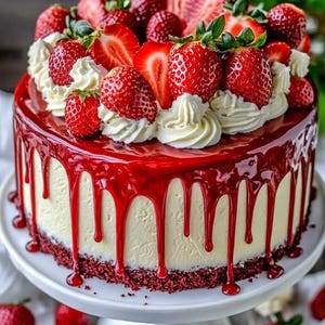 May include: A round cake with a white cream filling and a red glaze, topped with fresh strawberries and whipped cream. The cake sits on a white cake stand, with red drips cascading down the sides. The base of the cake is red.