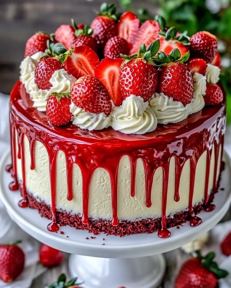 May include: A round cake with a white cream filling and a red glaze, topped with fresh strawberries and whipped cream. The cake sits on a white cake stand, with red drips cascading down the sides. The base of the cake is red.