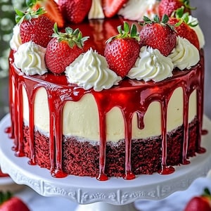 May include: A layered cake with a red velvet base, a creamy white filling, and a glossy red glaze. The cake is topped with fresh strawberries and whipped cream, presented on a white cake stand.