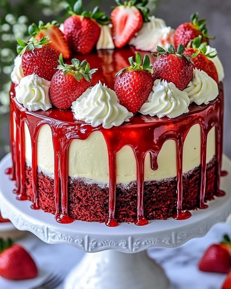 May include: A layered cake with a red velvet base, a creamy white filling, and a glossy red glaze. The cake is topped with fresh strawberries and whipped cream, presented on a white cake stand.