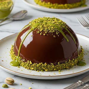 Op de afbeelding: Een chocolade koepelcake bedekt met een groene pistacheglazuur en bestrooid met gehakte pistachenoten. De cake staat op een wit bord.