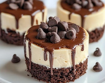 Brownie Bottom Mini Cheesecakes Recipe: Chocolate Chip Ganache (PDF Digital Download