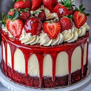 May include: A layered cake with a red velvet base, a creamy white filling, and a glossy red glaze. The cake is topped with fresh strawberries and white whipped cream, presented on a white cake stand.