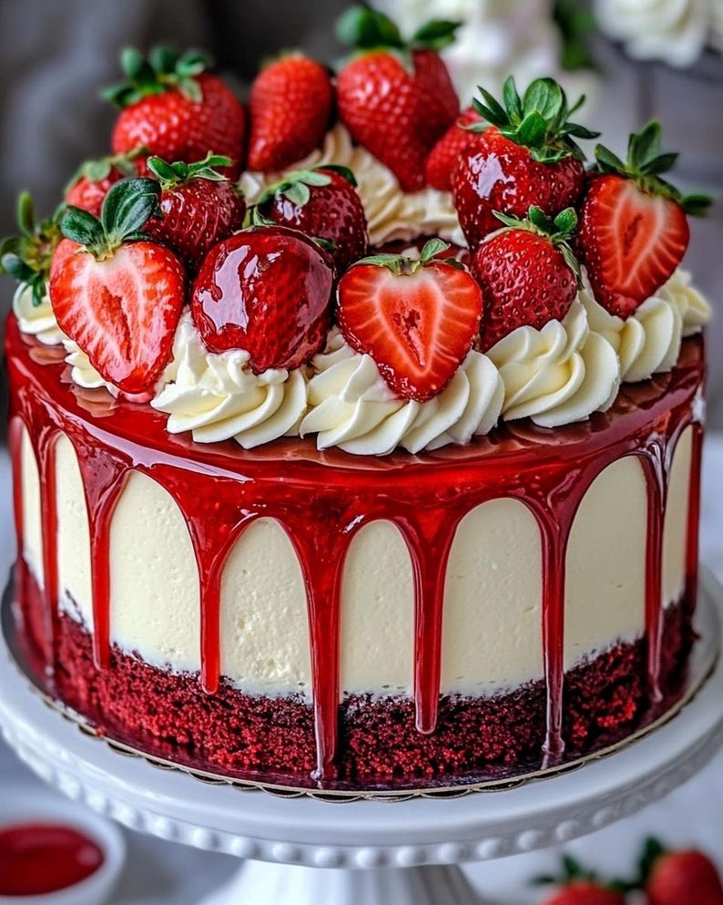 May include: A layered cake with a red velvet base, a creamy white filling, and a glossy red glaze. The cake is topped with fresh strawberries and white whipped cream, presented on a white cake stand.